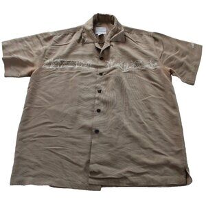Bellagio Men’s L Brown Rayon Camp Shirt Embroidered Hawaiian Tiki SEE PHOTOS